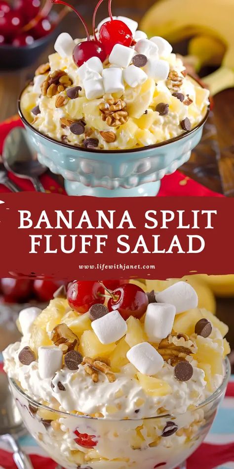 Banana Split Fluff Salad Manderine Orange Fluff, Spaghetti Fruit Salad, Banana Split Fluff Salad Recipes, Cowboy Fruit Salad, Grinch Fluff Salad, Thanksgiving Cute Snacks, Easy Fluff Recipes, Thanksgiving Fluff Salad Recipes, Fruit Salad Recipe With Vanilla Pudding