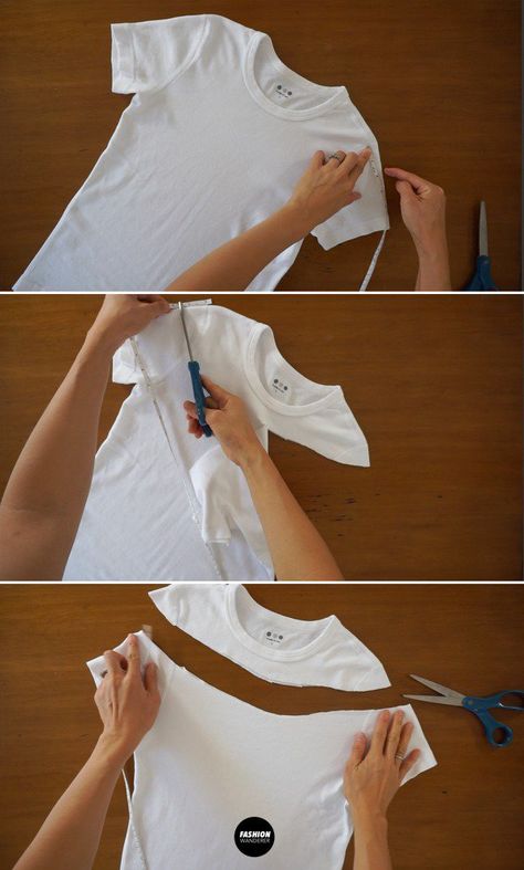 This step by step tutorial demonstrates how to cut off the shoulder t-shirt. This no sew t-shirt alteration is the best! Perfect way to recycle old tees into new clothes. #DIY #upcycle #refashion #nosew #tshirt #easy Diy Off Shoulder Shirt, Off Shoulder Diy, Shirt Alterations, Cut Up T Shirt, Umgestaltete Shirts, Cut Shirt Designs, T Shirt Upcycle, Diy Cut Shirts, Shirt Makeover