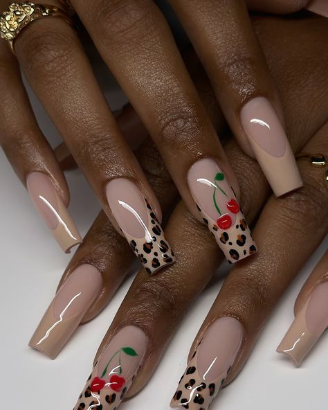 Cherry 🍒 cheetah🐆 Cheater Print Nails, French Tip Nails With Cherries, Black And Leopard Nails, Cheetah Nails Black, Nails With Cherries, Blue Eyed Girls, Cheetah Nails, Leopard Nails, Nails Black