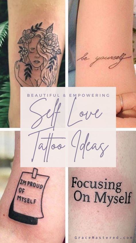 43 Beautiful & empowering self love tattoo ideas - Grace Mastered Tattoo Ideas For Strong Women Strength, Tattoo Designs Self Love, I Made It Tattoo Ideas, Self Power Tattoos, I Love Me Tattoo Ideas, 2023 Tattoo Ideas Women, Love Yourself Tattoos For Women Forearm, Tattoo For Strong Women Symbols, Self Strength Tattoo