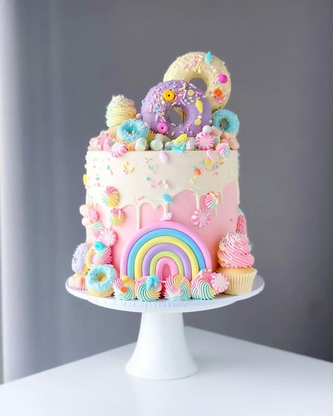 Cake Me Crazy®️ on Instagram: “Candy land 🍭🍬🍩 This style is far too much fun to create, so please order more 🤣 that drip just topped it off. I used @loyalbakeware…” Candy Theme Cake, Candy Land Cake, Sweet Birthday Cake, Cotton Candy Cakes, Candyland Cake, Candy Birthday Cakes, Rainbow Birthday Cake, Candy Birthday Party, 2 Birthday Cake