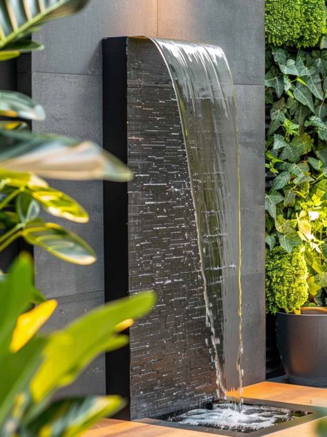 Modern metal water feature in a small urban garden, showcasing ideas for incorporating water features into compact spaces. Water Feature For Small Backyard, Circle Water Feature, Outdoor Small Water Feature, Large Water Features In The Garden, Home Waterfall Outdoor, Outdoor Wall Water Features, Garden Wall Water Feature, Home Garden Waterfall Ideas, Small Backyard Fountain Ideas