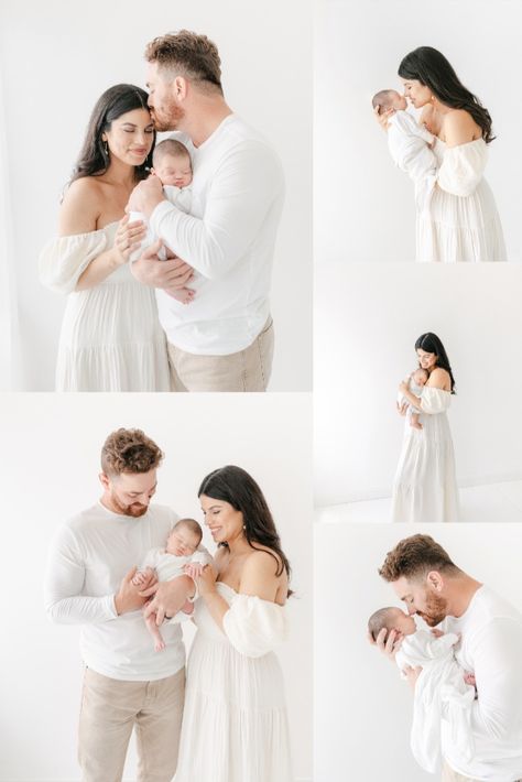 Dark headed mom and blonde headed dad pose with newborn baby, naturally, in an all white studio. Family Photoshoot Ideas Newborn, Newborn Self Photography, Newborn White Backdrop, Newborn Family Poses Studio, Newborn Photo Session Outfits, Newborn Photos White Background, Newborn Family Session Outfits, All White Newborn Family Photography, Family Photoshoot White Outfit