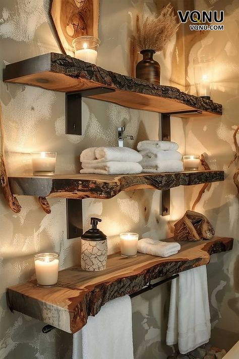 Rustic bathroom shelves made from natural live-edge wood, adorned with towels, candles, and decorative items, creating a warm and cozy atmosphere.