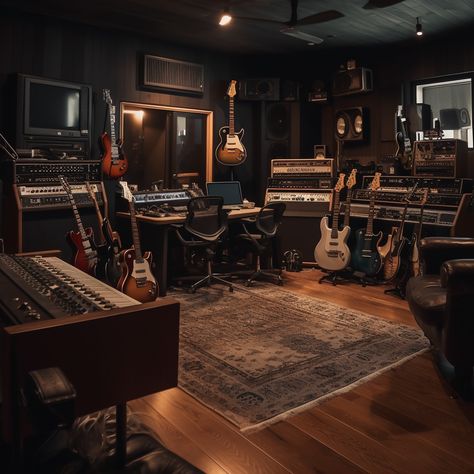 Music Bedroom Studio, Home Band Room, Music Rehearsal Room, Guitar Setup Bedroom, Acoustic Room Design, Luxury Music Room, Band Rehearsal Room, Music Studio Room Luxury, Basement Recording Studio