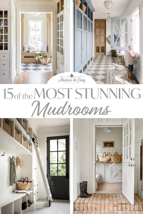 These stunning laundry and mudrooms mix style and function! Gorgeous mudrooms and laundry rooms--->#maisondecinq laundryroom mudroom homedecorideas homedesign frenchcountry frenchfarmhouse countryfrench europeanstyle Mud Room Laundry Room Flooring, French Modern Laundry Room, Pool Mudroom Entryway, French Farmhouse Mudroom, Laundry And Mudroom Ideas, Cool Laundry Room Floors, Mudroom Laundry Room Half Bath Ideas, Farmhouse Mudroom Flooring, French Country Mudroom Entryway