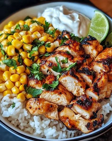 Zesty Street Corn Chicken Rice Bowl with Cilantro-Lime Rice Street Corn Chicken, Chicken Rice Bowl, Chicken Bowls, Corn Chicken, Healthy Bowls Recipes, Chicken Rice Bowls, Rice Bowls Recipes, Rice Dinner, Cilantro Lime Chicken