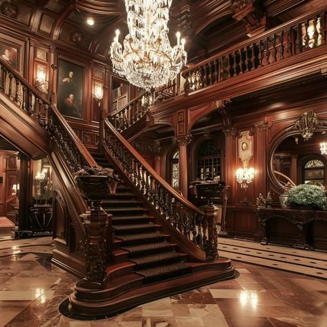 Victorian Mansion Foyer, Old English Mansion Interior, Coffered Ceiling Hallway, Grand Wooden Staircase, Beverly Hills Mansion Interior, Old Mansions Interior Victorian, Old Style Mansion, Cozy Mansion Interior, Historic Mansion Interior