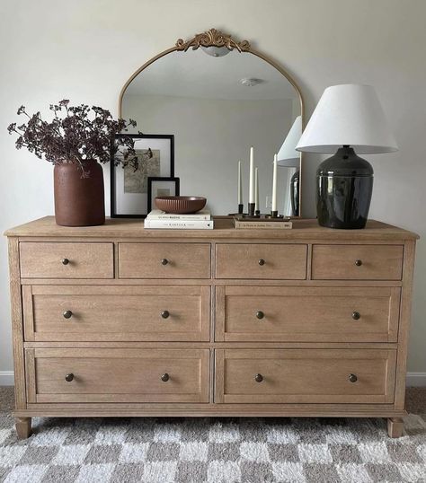 Christin Jipson | Sharing the popular look for less for my Pottery Barn dresser ➡️ (scroll) I do love the splurge but I know everyone loves a look for less!… | Instagram Talk Dresser Decor, Oak Dresser Decor, Cottage Core Dresser Decor, Simple Dresser Styling, Gold Mirror On Dresser, Top Of Bedroom Dresser Decor, Bedroom Dresser Mirror Ideas, Bedroom Mirror Above Dresser, Neutral Dresser Decor