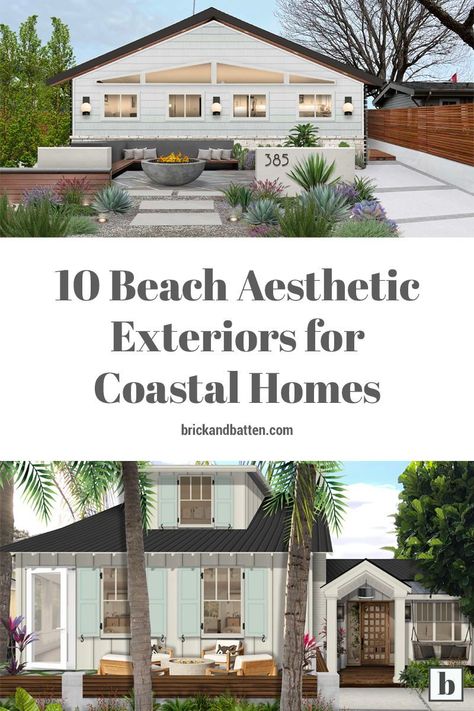 Coastal homes can be found in various areas throughout the United States, from New England to the Pacific Northwest to Florida’s Gulf Coast. Here, we’ve put together a roundup of some of our favorite coastal home designs with a beach aesthetic to inspire you. #brickandbatten #beachaesthetic #coastalhome #coastalhomes #coastalhomedesign White Beach Bungalow Exterior, Beach House Exterior Colors Florida Coastal Cottage, Coastal Stone House Exterior, Beach Bungalows Exterior, Beach Bungalows Coastal, Coastal Home Design Exterior, California Beach Cottage Exterior, Gray Coastal Home Exterior, Coastal Decks Beach Houses