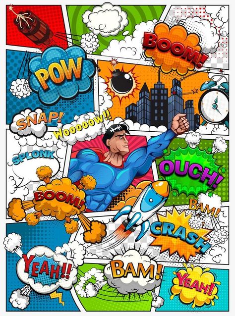 Comic book page divided by lines with speech bubbles, rocket, superhero and sounds effect. Retro background mock-up. Vector illustration Superhero Background, Comic Book Page, Comic Template, Superhero Graphic, Graphic Design Cv, Pop Art For Kids, Kids Indoor Playground, Retro Comic Book, Speech Bubbles