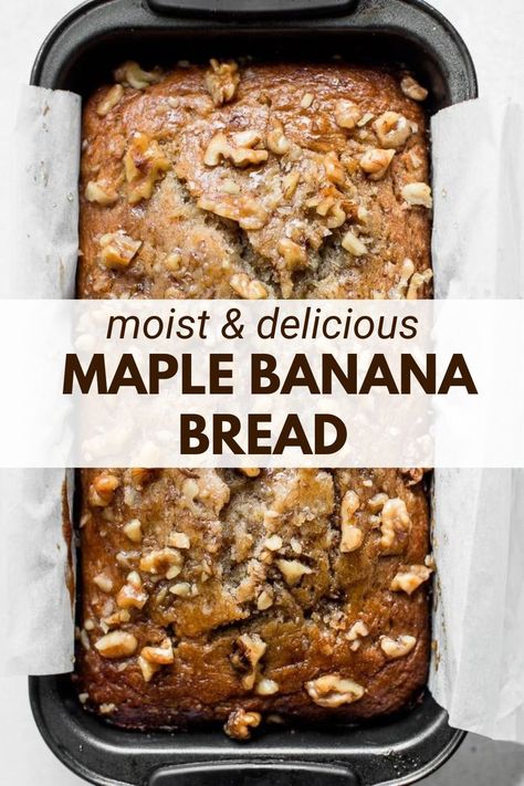 This maple banana bread is a twist on classic banana bread, made even better with real maple syrup. Made with sweet, ripe bananas and topped with a crunchy nut topping, this banana bread is one of my favorites! Pudding Banana Bread, Maple Banana Bread, Banana Bread Recipe Chocolate Chip, Bread Recipe Healthy, Recipe With Sour Cream, Recipes Banana Bread, Healthy Banana Bread Recipe, Ripe Banana Recipe, Pudding Banana