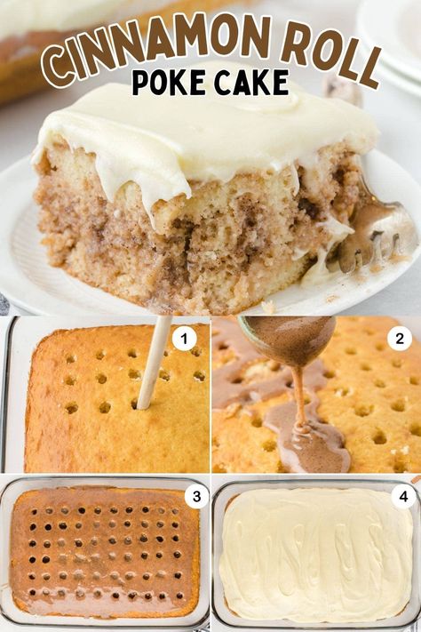 Cinnamon Roll Poke Cake starts with a box of cake mix and followed by a creamy cinnamon sugar filling and topped off with a delicious cream cheese frosting. This easy sheet cake will soon become a family favorite recipe! Maple Sheet Cake Recipe, Box Cake Mix Dump Cake, Easy Sheet Desserts, Quick Fun Desserts, Snicker Poke Cake, Easy Cinnamon Dessert Recipes, Dessert Crowd Pleaser, Thanksgiving Desserts Cinnamon, Churro Poke Cake