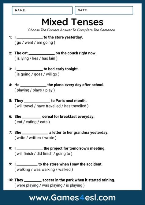 Mixed Tenses Quiz | Grammar Quiz Plus Printable PDF Exercise | Games4esl Mix Tenses Worksheet, Mixed Tenses Worksheets With Answers, Tenses English Grammar, Grammar Exercise, Tenses In English, Tenses Exercises, English Grammar Quiz, Maths Worksheet, English Tenses