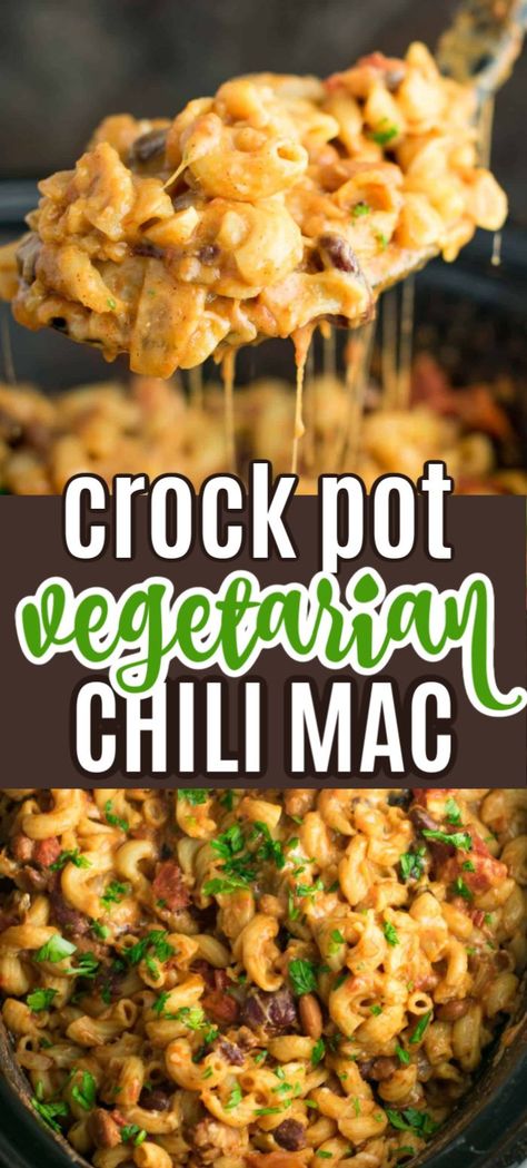 Crockpot Chilimac, Crock Pot Vegetarian Chili, Vegetarian Chili Recipe Crockpot, Crock Pot Vegetarian, Vegetarian Chili Mac, Vegetarian Chili Crock Pot, Mac Chili, Vegetarian Chili Easy, Slow Cooker Vegetarian Chili