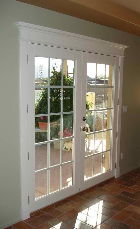 door trim/baseboard is almost nonexistent Victorian Molding, Farmhouse Door Trim, Farmhouse Patio Doors, Window Farmhouse, Exterior Door Trim, Pintu Interior, French Window, Farmhouse Patio, French Doors Exterior