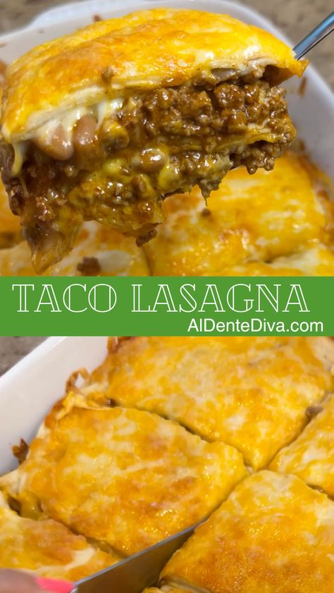 Easy Taco Lasagna Easy Taco Meat Recipes, Lazy Enchiladas Casseroles, Lasagna Burrito, Aldentediva Recipes, Tacos Lasagna, Easy Taco Lasagna, Mexican Taco Lasagna, Taco Lasagna Recipe, Enchilada Lasagna