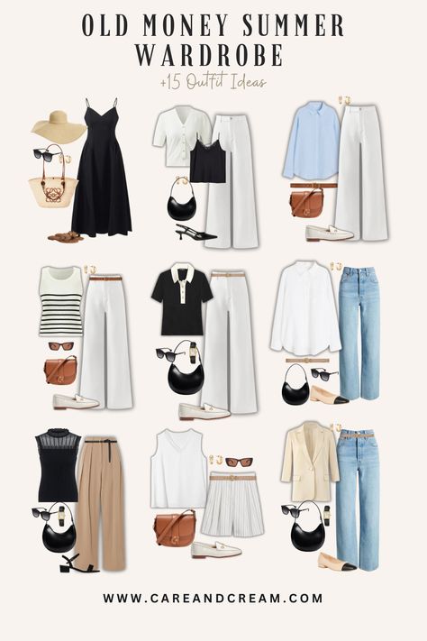 Upgrade your summer look with our Old Money Summer Capsule Wardrobe! We've put together 15 elegant outfit ideas that will awaken your old money style with a mix of 25+ chic summer essentials. Feel confident owning your aesthetic this summer with the relaxed yet refined old money summer style. These outfit ideas are truly an inspiration for crafting your timeless capsule wardrobe. Plus: old money look, old money summer outfits, quiet luxury. Old Money Look, Elegantes Business Outfit, Old Money Summer, Smart Casual Women Outfits, Capsule Wardrobe Casual, Elegant Summer Outfits, Capsule Wardrobe Women, Money Clothes, Mode Hijabi