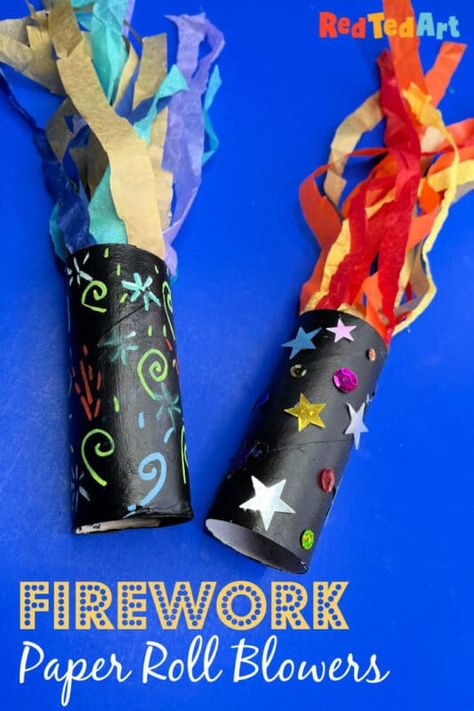 New Years Art Ideas For Kids, Firework Arts And Crafts, Toddler Firework Craft, Fireworks Preschool Craft, New Years Paper Crafts, Firework Craft For Preschool, Firework Art Projects For Kids, Toilet Paper Roll Fireworks, New Years Diy Crafts For Kids