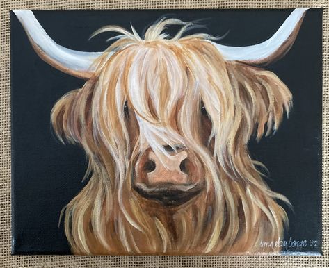 Acrylic Farm Animal Paintings, Long Haired Cow Painting, Painting Cows Acrylic, Highlander Cows Painting, Long Hair Cow Painting, Painting Ideas On Canvas Farmhouse, Hiland Cow Painting Easy, How To Paint A Highland Cow In Acrylics, Farmhouse Animal Paintings