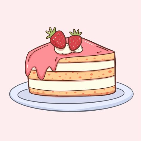 Hand drawn strawberry flavor cake slice ... | Premium Vector #Freepik #vector #cake #hand-drawn #drawing #birthday-cake Animated Cake Drawing, Strawberry Cake Drawing Art, Birthday Drawings Cute, A Dessert Drawing, Cupcake Cakes Drawing, Cupcake Drawing Aesthetic, Drawing Cake Ideas, Cake Slice Cartoon, Kawaii Cake Drawings