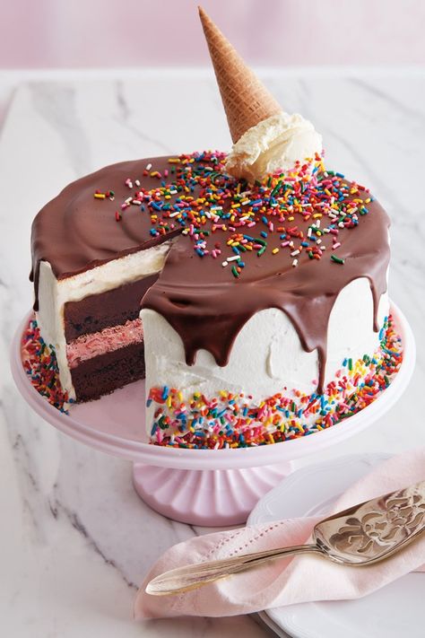 Neapolitan Ice Cream Cake Recipe | Williams Sonoma Taste Neapolitan Ice Cream Cake, Hemgjord Glass, Birthday Room, Old Fashioned Ice Cream, Neapolitan Ice Cream, Ice Cream Cake Recipe, Brownie Ice Cream, Sprinkle Cake, Ice Cream Party