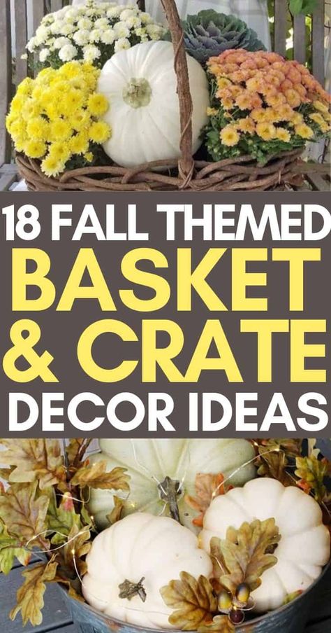 Fall Porch Decor With Bushel Baskets, Fall Country Home Decor, Fall Baskets For Front Door, Small Crate Decor Ideas, Fall Basket Centerpieces For Table, Mums In Baskets, Decorate Basket Ideas, Mum Decorating Ideas, Basket Centerpieces Table