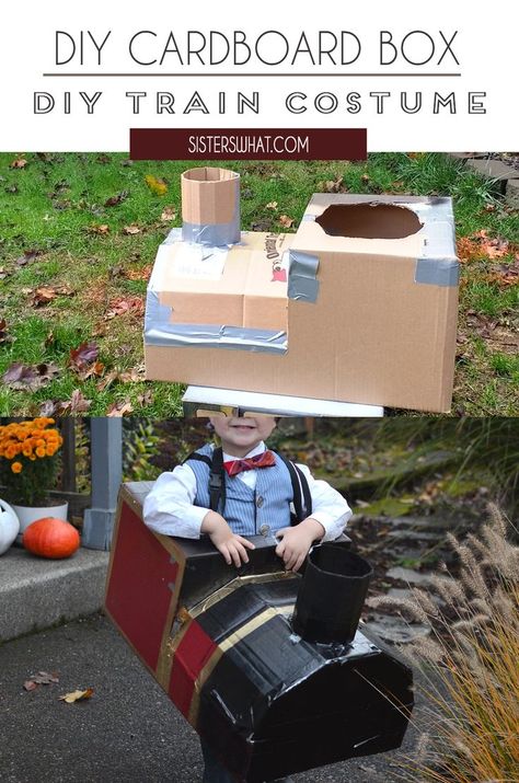 Train Halloween Costume Family, Train Costume Toddler, Train Cardboard Box Diy For Kids, Wearable Cardboard Box Train, Diy Train Conductor Costume, Cardboard Train Costume, Train Halloween Costume Toddler, Railroad Costume Ideas, Train Box Diy