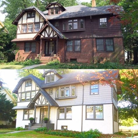 Tudor House Before and After | Tudor house exterior, Tudor style homes, Home exterior makeover Painted Tudor Exterior Before And After, Tudor House Exterior Before And After, Tudor Exterior Paint, Tutor Style Homes, Updated Tudor, Tudor Renovation, Tudor Exterior, Tudor Decor, Tudor House Exterior