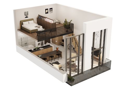 Loft Layout, Apartemen Studio, 3d Plan, Loft House Design, Loft Plan, Small House Layout, Tiny House Loft, House Floor Design, Small Apartment Design