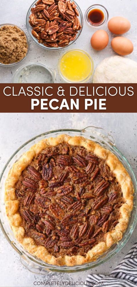 You can’t beat a classic like pecan pie! Pecan pie is such an easy, delicious dessert that I love to bake every holiday season. It has a short ingredient list, takes just a few minutes to put together, and everyone goes crazy for it! This recipe is just the classic old-fashioned recipe— caramel-like pecan filling inside of buttery flaky pie crust. | perfect pecan pie recipe | classic pecan pie recipe | pecan pie from scratch | homemade pecan pie recipe | how to make pecan pie | thanksgiving pies No Corn Syrup Pecan Pie Recipe, Homemade Pecan Pie Recipe, Easy Southern Pecan Pie, Small Individual Pecan Pies, Easy Homemade Pecan Pie, Quick And Easy Pecan Pie, Pecan Pie Recipe Paula Dean, Pecan Pie With Homemade Crust, Pecan Pie With No Corn Syrup