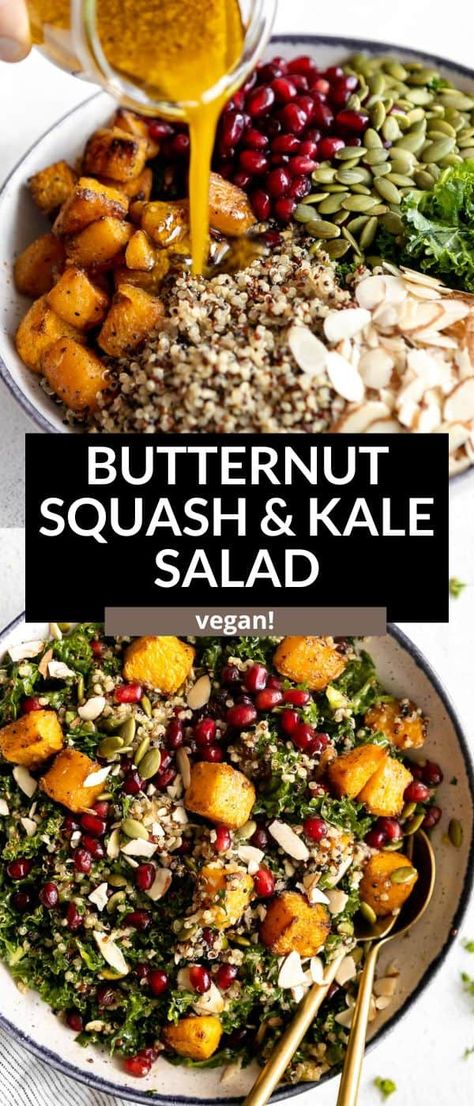 Roasted Butternut Squash and Kale Salad Squash And Kale Salad, Kale Butternut Squash, Butternut Squash And Kale, Fluffy Quinoa, Butternut Squash Kale, Df Recipes, Fall Produce, Butternut Squash Salad, Salad With Lemon