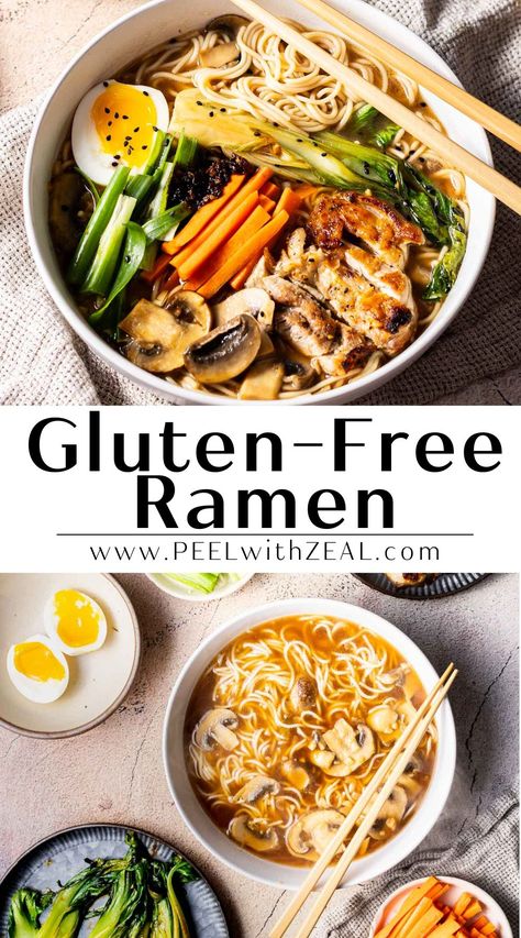 Gluten-Free Ramen This gluten-free ramen recipe is a shoyu-style ramen. My version of GF ramen is complete with a ramen egg, crispy chicken and a flavorful broth. Add your favorite veggies and enjoy! Whole 30 Ramen Bowl, Gluten Free Chicken Ramen, Bone Broth For Ramen, Healthy Ramen Noodle Soup Recipes, Paleo Ramen Recipes, Gf Ramen Noodle Recipes, Easy Gluten Free Ramen Recipes, Instant Pot Vegan Ramen, Ramen Noodle Recipes Gluten Free