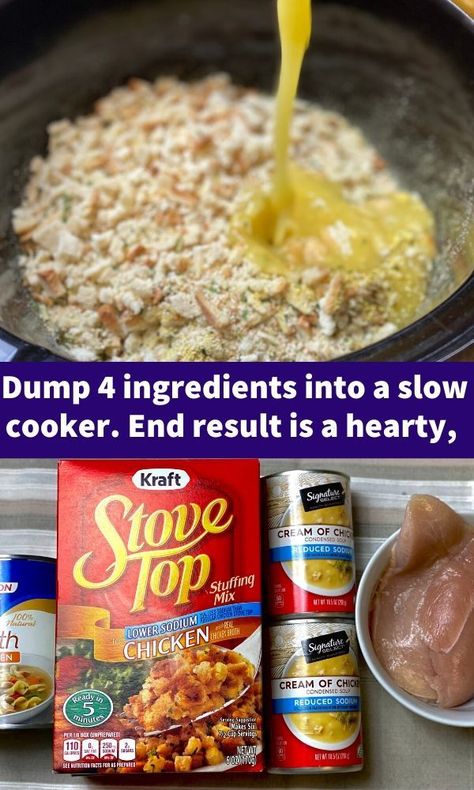 EASY SLOW COOKER CHICKEN AND STUFFING Slow Cooker Chicken And Stuffing, Chicken And Stuffing, Chicken Stuffing, Easy Slow Cooker Chicken, Stuffing Casserole, Crockpot Dishes, Chicken Slow Cooker Recipes, Stuffing Recipes, Crock Pot Slow Cooker