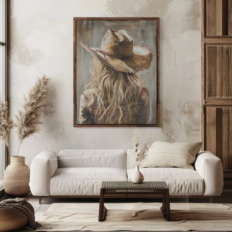 Neutral Western Aesthetic, Cowgirl Portrait, Western Living Room Decor, Western Living Room, Neutral Artwork, Apartment Dorm, Neutral Wall Decor, Southwestern Home, Portrait Oil Painting