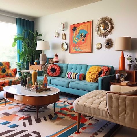 The stunning conversation pits are back, and this guide will help you learn the history, pros and cons of having one made and how to build your own. Blue Couch Retro Living Room, Retro Blue Living Room, Teal Sofa Mid Century Living Room, Living Room Decor Cozy Colorful, Mcm Boho Living Room Ideas, Mid Century Maximalist Decor, Mid Century Modern Living Room Colorful, Mid Century Modern Maximalist Decor, Decorating With Color Living Room