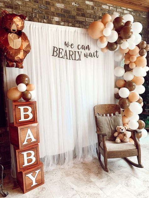 We can BEARLY wait gender reveal. Gender neutral. Cute theme. Photo back drop Bearly Wait Shower Decor, We Bearly Can Wait, Teddy Bear Gender Reveal Theme, Bear Themed Baby Shower Boys, Can't Bearly Wait Theme, Bear Theme Gender Reveal Ideas, Gender Reveal Themes Neutral, Gender Reveal Ideas Gender Neutral, Rustic Gender Reveal Ideas