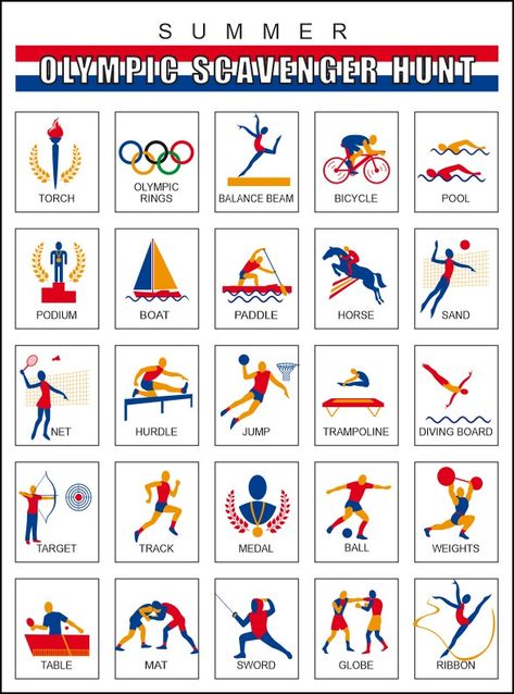 Print out a Summer Olympics Scavenger Hunt for each of the kids and see the excitement build as they look forward to all the events. You can use the Olympi Olimpic Game Craft For Kids, Olympic Themed Activities, Summer Olympics Crafts, Summer Olympics Activities, Summer Olympics Party, Vbs Olympics, Preschool Olympics, Olympics Theme, Olympics Decorations