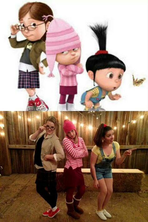 Halloween Costume: Despicable Me- Margo, Edith, and Agnus. #despicableme 3 People Halloween Costumes, 3 People Costumes, Money People, Drawing Dress, Trio Costumes, Cute Group Halloween Costumes, Matching Halloween Costumes, Bff Halloween Costumes, Best Friend Halloween Costumes