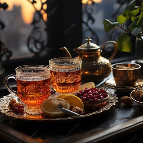 Premium AI Image | Turkish tea in traditional Turkish tulip cups Two Cups Of Tea Aesthetic, Turkish Tea Aesthetic, Turkish Apple Tea, Turkish Aesthetic, Turkish Tulip, Turkish Tea Set, Tea Corner, Coffee Shots, Magical Food