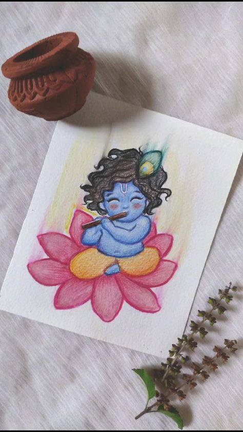 Mini Canvas Art God, Krishna Diy Craft, Simple Radha Krishna Drawing Easy, Small Krishna Painting, Small Krishna Drawing, Drawing On Janmashtami, Krishna Simple Painting, Kanha Drawing Easy, Easy Drawing Of Krishna