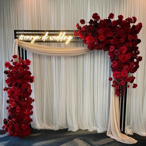 A photo backdrop we created featuring our couples custom neon hashtag #varya_di_wedding ❤️ Styling, flowers, decor and set up by @museweddingsandevents Wedding Photo Booths Ideas, Wedding Decor With Photos, Backdrop Color Ideas, Red And Gold Photo Backdrop, Lace Theme Party, Pinterest Wedding Ideas, Red Roses Arch, Birthday Decor Flowers, Mr And Mrs Backdrop Wedding Ideas