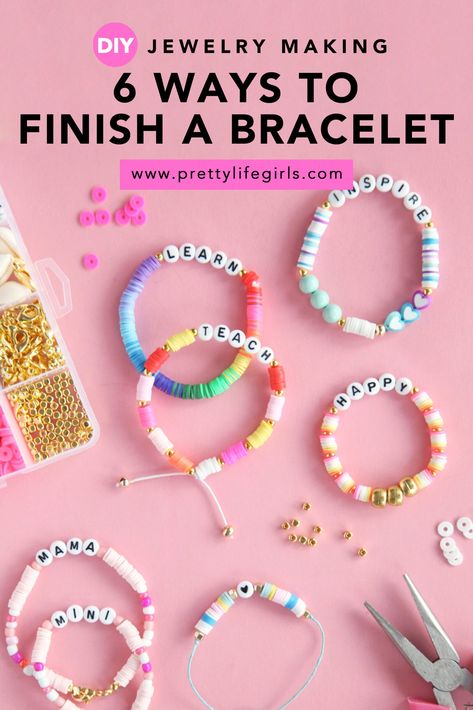 Tips For Making Clay Bead Bracelets, Finishing A Bracelet, How To Make A Bracelet With A Clasp, How To Make Bracelets With Clasp, Finishing Beaded Bracelet, Diy Clay Bracelets Tutorials, Adjustable Bead Bracelet, How To Put A Clasp On A Clay Bead Bracelet, Teacher Stretch Bracelet