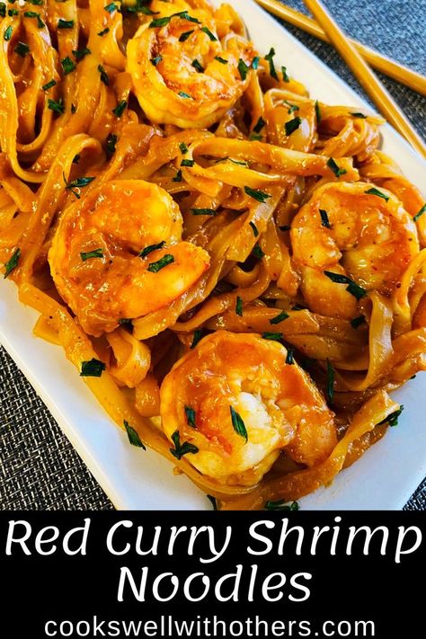 Noodles and shrimp on a platter with a Curry sauce Garlic Ramen Noodles, Shrimp Noodles Recipes, Red Curry Shrimp, Garlic Ramen, Red Curry Noodle Soup, Seasoned Shrimp, Red Curry Sauce, Curry Pasta, Shrimp Noodles