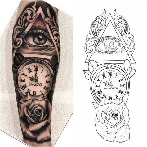 225+ Clock Tattoos Ideas and Designs (2023) - TattoosBoyGirl Geometric Tattoo Stencil, Half Sleeve Tattoo Stencils, Half Sleeve Tattoos Drawings, Realistic Tattoo Sleeve, Band Tattoo Designs, Clock Tattoo Design, Armband Tattoo Design, Muster Tattoos, Half Sleeve Tattoos For Guys