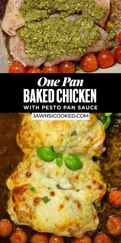 This easy and delicious One Pan Baked Chicken with Pesto Pan Sauce recipe combines juicy chicken breast with basil pesto, cherry tomatoes and provolone for a tasty weeknight saucy chicken in under 1 hour! One Pan Baked Chicken, Chicken With Pesto Sauce, Pan Baked Chicken, Chicken With Pesto, Pesto Chicken Breast, Saucy Chicken, Pesto Sauce Recipe, Baked Pesto Chicken, Pan Sauce