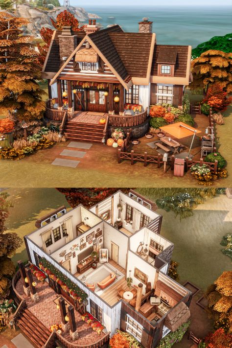 Sims No Cc, Cottage Layout, Sims 2 House, Brindleton Bay, Sims 4 Cottage, Sims 4 Houses Layout, Sims Freeplay Houses, Fall Afternoon, Sims 4 Family