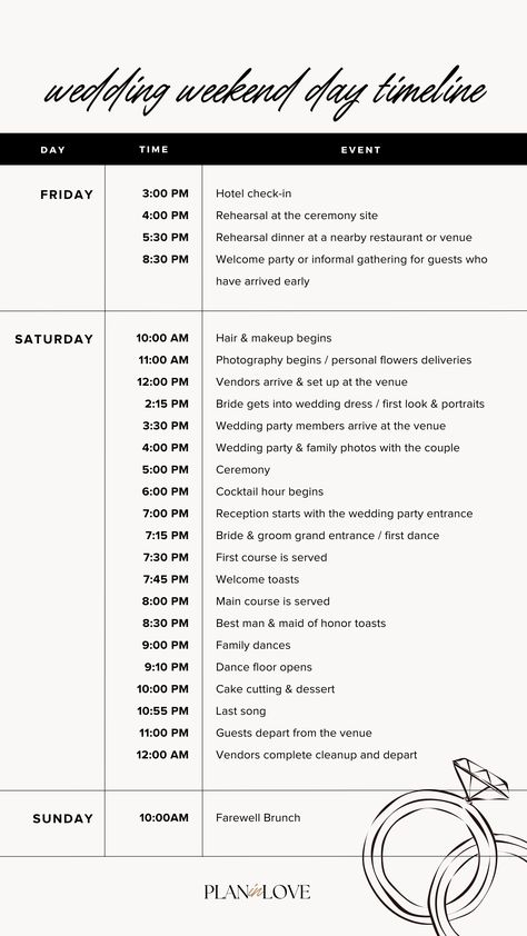 Ensure your wedding weekend runs smoothly with our wedding weekend itinerary guide. Our sample template will help you plan every detail, from the rehearsal dinner to the post-wedding brunch. Make your wedding weekend unforgettable with our guide. Check it out now! Day Of Wedding Itinerary, Wedding Planning Itinerary, Backyard Wedding Itinerary, Wedding Rehearsal Itinerary, 3 Day Wedding Itinerary, Evening Wedding Itinerary, Itinerary Template Wedding, Wedding Iterinary, Wedding Rehearsal Timeline Template