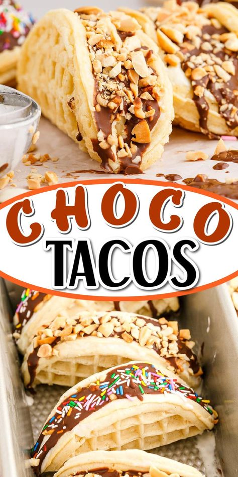 Taco Inspired Desserts, Mary Makes It Easy Ice Cream Tacos, Waffle Taco Ice Cream, Sweet Burrito Dessert, Cheesecake Tacos Easy, Desert Tacos Recipes, Diy Choco Taco, Loaded Cheesecake Tacos, Ice Cream Cone Treats Ideas