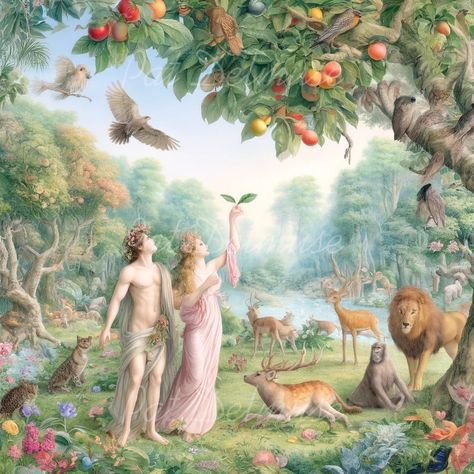 Adam and Eve in the earthly paradise. #comicart #comicpictures #photoartist #lightroom #photoart #digitalphotopainting #comicpictures #funnypictures Adam And Eve In The Garden Of Eden, Adam And Eve Aesthetic, Adam Eve Art, Eve Garden Of Eden, Adam And Eve Art, Eve Artwork, Eve Story, Eve And Adam, Eve Painting